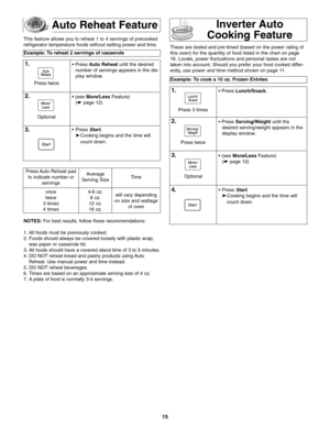 Page 1715
Auto Reheat Feature
Example: To reheat 2 servings of casserole
1.• Press Auto Reheat until the desired
number of servings appears in the dis-
play window.
2.• (see More/LessFeature)
(☛ page 12)
3.•Press Start.
➤Cooking begins and the time will 
count down.
NOTES:For best results, follow these recommendations:
1. All foods must be previously cooked.
2. Foods should always be covered loosely with plastic wrap,
wax paper or casserole lid.
3. All foods should have a covered stand time of 3 to 5 minutes....