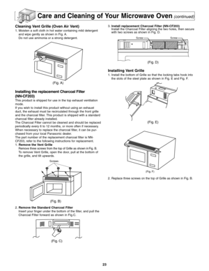 Page 25Care and Cleaning of Your Microwave Oven(continued)
Cleaning Vent Grille (Oven Air Vent)
1. Moisten a soft cloth in hot water containing mild detergent
and wipe gently as shown in Fig. A.
Do not use ammonia or a strong detergent.
Installing the replacement Charcoal Filter
(NN-CF203)
This product is shipped for use in the top exhaust ventilation
mode.
If you wish to install this product without using an exhaust
duct, the exhaust must be recirculated through the front grille
and the charcoal filter. This...