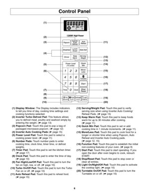 Page 108 (1) Display Window: The Display includes indicators 
to tell you time of day, cooking time settings and 
cooking functions selected.
(2) Inverter Turbo Defrost Pad:This feature allows 
you to defrost meat, poultry and seafood simply by 
entering the weight. (☛ page 13)
(3) Popcorn Pad:Touch this pad to pop a bag of
packaged microwave popcorn. (☛ page 12)
(4) Inverter Auto Cooking Pads(☛ page 15)
(5) Power Level Pad:Touch this pad to select a
cooking power level. (☛ page 11)
(6) Number Pads:Touch number...