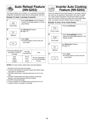 Page 2018
Auto Reheat Feature
(NN-S253)
Example: To reheat  2 servings of casserole
1.• Press Auto Reheat until the desired
number of servings appears in the dis-
play window.
2.(see More/LessFeature)
(☛ page 13)
3.• Press Start.
➤Cooking begins and the time will 
count down.
NOTES:For best results, follow these recommendations:
1. All foods must be previously cooked.
2. Foods should always be covered loosely with plastic wrap,
wax paper or casserole lid.
3. All foods should have a covered stand time of 3 to 5...