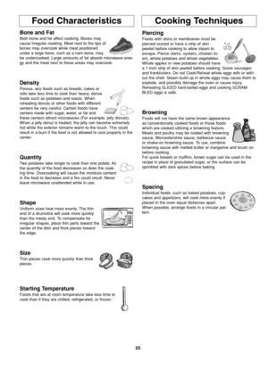 Page 2725
Food CharacteristicsCooking Techniques
Bone and Fat
Both bone and fat affect cooking. Bones may
cause irregular cooking. Meat next to the tips of
bones may overcook while meat positioned
under a large bone, such as a ham bone, may
be undercooked. Large amounts of fat absorb microwave ener-
gy and the meat next to these areas may overcook.
Density
Porous, airy foods such as breads, cakes or
rolls take less time to cook than heavy, dense
foods such as potatoes and roasts. When
reheating donuts or other...