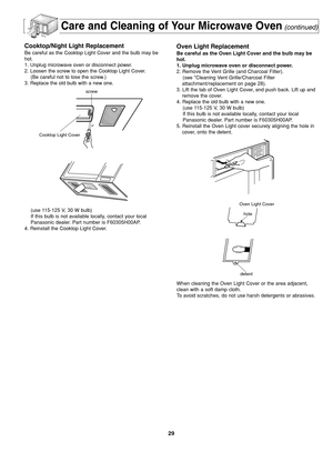 Page 3129
Care and Cleaning of Your Microwave Oven(continued)
Cooktop/Night Light Replacement
Be careful as the Cooktop Light Cover and the bulb may be
hot.
1. Unplug microwave oven or disconnect power.
2. Loosen the screw to open the Cooktop Light Cover.
(Be careful not to lose the screw.)
3. Replace the old bulb with a new one.
(use 115-125 V, 30 W bulb)
If this bulb is not available locally, contact your local 
Panasonic dealer. Part number is F60305H00AP.
4. Reinstall the Cooktop Light Cover.
Oven Light...