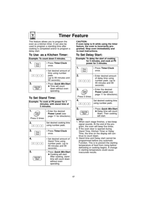 Page 1917
Timer Feature
NOTE:
1. When each stage finishes, a two-beep
signal sounds. At the end of the pro-
gram, the oven will beep five times.
2. If the oven door is opened during
Stand Time, Kitchen Timer or Delay
Time, the time on the display will con-
tinue to count down.
3. Stand time and Delay start cannot be
programmed before any automatic
Function. This is to prevent the starting
temperature of food from rising before
defrosting or cooking begins. A change
in starting temperature could cause
inaccurate...