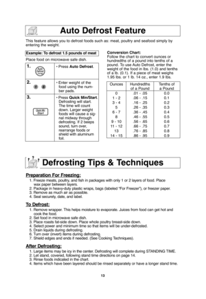 Page 1513
Auto Defrost Feature
This feature allows you to defrost foods such as: meat, poultry and seafood simply by
entering the weight.
Place food on microwave safe dish.Example: To defrost 1.5 pounds of meat  
1.• Press Auto Defrost.
2.• Enter weight of the
food using the num-
ber pads.
3.• Press Quick Min/Start.
Defrosting will start.
The time will count
down. Larger weight
foods will cause a sig-
nal midway through
defrosting. If 2 beeps
sound, turn over,
rearrange foods or
shield with aluminum...