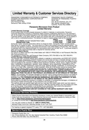 Page 2624
Limited Warranty & Customer Services Directory
PANASONIC CONSUMER ELECTRONICS COMPANY,  PANASONIC SALES COMPANY,
DIVISION OF PANASONIC CORPORATION OF DIVISION OF PANASONIC PUERTO 
NORTH AMERICA RICO,  INC.
One Panasonic Way Ave. 65 de Infanteria, Km. 9.5
Secaucus, New Jersey 07094  San Gabriel Industrial Park
Carolina, Puerto Rico 00985
Panasonic Microwave Oven Product
Limited Warranty
Limited Warranty Coverage
If your product does not work properly because of a defect in materials or workmanship,...