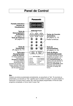 Page 399
Panel de Control
Bip:
Cuando una tecla es presionada correctamente, se escuchará un “bip”. Si una tecla es
presionada y no escucha un “bip”, significa que la unidad no aceptó o no pudo aceptar la
instrucción. El horno hará 2 veces “bip” entre las etapas programadas. Al final de cada
programa completado, el horno hará 5 veces “bip”.
Pantalla indicadora
(Ventana de
Visualización)
Tecla de
Descongelación
Automático
(☛página 13)
Tecla de
tiempo/reloj
(☛página 10, 17)
Tecla de Minuto
Automático/Encender
Un...