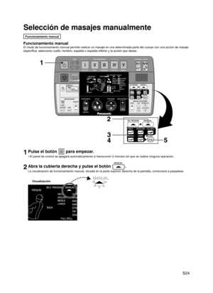 Page 25
 S24

Selección de masajes manualmente
Funcionamiento manual
Funcionamiento manual
El modo de funcionamiento manual permite realizar un masaje en una deter\
minada parte del cuerpo con una acción de masaje 
específica; seleccione cuello, hombro, espalda o espalda inferior y la acción que desee.
1Pulse el botón  para empezar.
El panel de control se apagará automáticamente si transcurren 3 minutos sin que se realice ninguna operación.
2Abra la cubierta derecha y pulse el botón .
La visualización de...