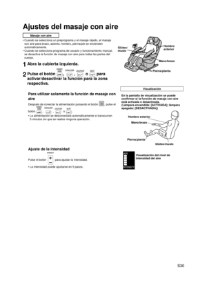 Page 31
 S30

Ajustes del masaje con aire
Masaje con aire
Cuando se selecciona un preprograma y el masaje rápido, el masaje 
con aire para brazo, asiento, hombro, pierna/pie se encienden 
automáticamente.
Cuando se selecciona programa de usuario y funcionamiento manual, 
se desactiva la función de masaje con aire para todas las partes del \
cuerpo.
1Abra la cubierta izquierda.
2Pulse el botón , ,  o  para 
activar/desactivar la función para la zona 
respectiva.
Visualización
Para utilizar solamente la función...