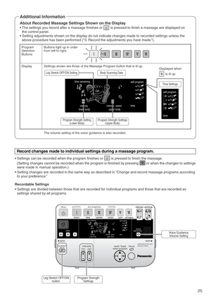 Page 27Displayed when 
       is lit up
25
Program 
Selection 
Buttons  
Display Buttons light up in order 
from left to right. 
Settings shown are those of the Massage Program button that is lit up.  
The volume setting of the voice guidance is also recorded. 
self program
time
upper body lower body
intensity speed
intensity
time remaining
self program
ottoman reclining
quick stretchself program
user
shiatsu deep swedish
time
pre-programs
upper body lower bodyintensity speed
intensity
voice
off/on
time...