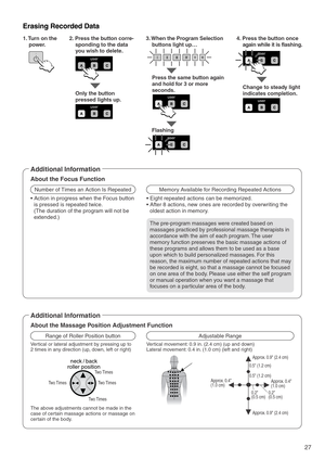 Page 29useruser
user
user
user
27
user
Flashing
Approx. 0.9 (2.4 cm)
Approx. 0.9 (2.4 cm)Approx. 0.4
(1.0 cm)
0.2
(0.5 cm) 0.5 (1.2 cm)
0.5 (1.2 cm)
0.2
(0.5 cm) Approx. 0.4 
(1.0 cm)
4. Press the button once 
again while it is flashing. 
Change to steady light 
indicates completion.  Only the button 
pressed lights up. 3. When the Program Selection 
buttons light up…
Press the same button again 
and hold for 3 or more 
seconds. 2. Press the button corre-
sponding to the data 
you wish to delete.  1. Turn on...