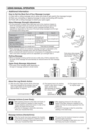 Page 3533
Compression A
Up to strength level 3 Up to strength level 2
Up to strength level 5 Up to strength level 4
Up to strength level 5Adjustable past 
strength level 5. 
(Display shows level 5 
even when adjusted 
past that point.)  
Up to strength level 3 These areas not massaged. Shiatsu A, Shiatsu B, 
Knead A, Knead B, 
Compression B  
Swedish A, Swedish B, 
Tap A, Tap B, Back Vibration  
Full Roll, Regional Roll
Area (A) Area (B) Area (C)Area (A)
Area (B)
Area (C)
USING MANUAL OPERATION
Additional...