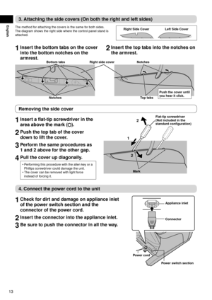 Page 1413
English
3.	Attaching	the	side	covers	(On	both	the	right	and	left	sides)
The	method	for	attaching	the	covers	is	the	same	for	both	sides. 	
The	diagram	shows	the	right	side	where	the	control	panel	stand	is	
attached. Right
 	Side	Cover Left	Side	Cover
1	Insert	the	bottom	tabs	on	the	cover	
into	the	bottom	notches	on	the	
armrest.2	Insert	the	top	tabs	into	the	notches	on	 the	armrest.
Bottom	tabs
Notches Right
 	side	cover
Top	tabs
Notches
Push	the	cover	until	
you	hear	it	click.
Removing	the	side	cover...