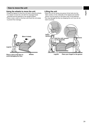 Page 2524
English
How	to	move	the	unit
Using	the	wheels	to	move	the	unit
Grasp	the	legrest	to	move	the	unit	when	using	the	wheels.
It	is	easier	to	move	the	unit	with	the	massage	heads	
retracted	and	the	backrest	in	the	upright	position.
*	 Place	a	mat	or	cloth	on	the	floor	and	move	the	unit	slowly	
to	prevent	floor	damage. 	
•
•
Lifting	the	unit
Move	the	unit	by	having	one	person	firmly	hold	onto	the	
fabric	section	on	the	underside	of	the	legrest	and	another	
person	use	the	groove	on	the	back	cover	of	the...