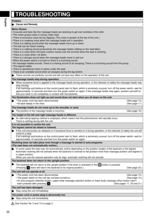 Page 2625
English	TROUBLESHOOTING
Problem
Cause	and	Remedy
Motor	Noises It	sounds	and	feels	like	the	massage	heads	are	straining	to	get	over	wrinkles	in	the	cloth.
The	motor	groans	when	it	comes	under	load.
There	is	excessive	noise	during	 Tapping.	(The	noise	is	greater	at	the	top	of	the	unit.)
There	is	a	creaking	noise	when	the	massage	heads	are	in	operation.
There	is	a	rattling	sound	when	the	massage	heads	move	up	or	down.
The	belt	can	be	heard	rotating.
There	is	a	rubbing	sound	produced	by	the	massage	heads...