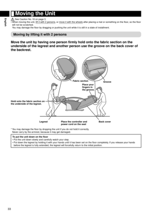 Page 3433
English	Moving	the	Unit
 See Caution No. 16 on page 3.
When moving the unit, lift it with 2 persons, or move it with the wheels after placing a mat or something on the floor, so the floor 
will not be scratched. 
You may damage the floor by dragging or pushing the unit while it is still in a state of installment.
Moving	by	lifting	it	with	2	persons
Move	the	unit	by	having	one	person	firmly	hold	onto	the	fabric	section	on	the	
underside	of	the	legrest	and	another	person	use	the	groove	on	the	back	cover...