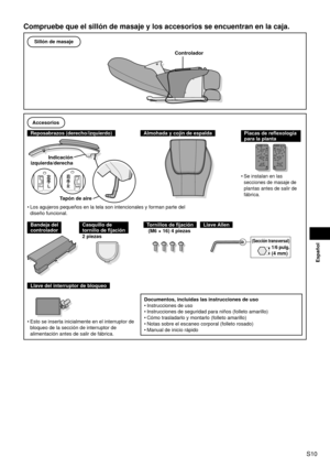 Page 11S10
Español
Compruebe que el sillón de masaje y los accesorios se encuentran en l\
a caja.
Sillón de masaje
Controlador
Accesorios
Reposabrazos (derecho/izquierdo)
Indicación 
izquierda/derecha
Tapón de aire
Almohada y cojín de espaldaPlacas de reflexología 
para la planta 
Se instalan en las 
secciones de masaje de 
plantas antes de salir de 
fábrica.•
Los agujeros pequeños en la tela son intencionales y forman parte del\
 
diseño funcional.
•
Bandeja del 
controladorCasquillo de  
tornillo de fijación...