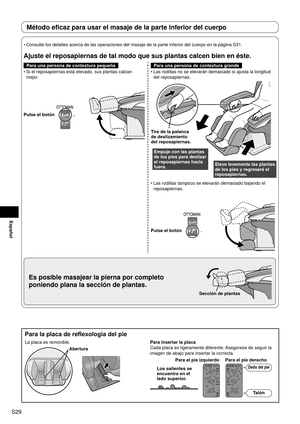 Page 30S29
Español
Para la placa de reflexología del pie
La placa es removible.
AberturaPara insertar la placa
Cada placa es ligeramente diferente. Asegúrese de seguir la 
imagen de abajo para insertar la correcta.
Los salientes se 
encuentra en el 
lado superior.Dedo del pie 
Talón 
Para el pie izquierdo Para el pie derecho
Método eficaz para usar el masaje de la parte inferior del cuerpo
Consulte los detalles acerca de las operaciones del masaje de la parte i\
nferior del cuerpo en la página S31.
Ajuste el...