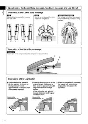 Page 3231
English
Operations of the Lower Body massage, Hand/Arm massage, and Leg Stretch
Operation of the Lower Body massage
Leg
Calves will be compressed by pressure 
from both sides.Sole
Foot will be compressed from side 
and bottom using the air.Seat/Thigh/Lower back
The air bags are inflated alternately to 
compress the body just like it is being 
pressed.
Operation of the Hand/Arm massage
Hand/Arm
Hand to arm will be compressed as it is clamped from top and bottom.
Operations of the Leg Stretch
1  After...