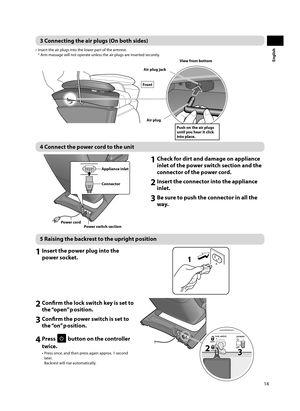 Page 1514
English
3 Connecting the air plugs (On both sides)
•  Insert the air plugs into the lower part of the armrest. * Arm massage will not operate unless the air plugs are inserted securely. 
View from bottom
Push on the air plugs 
until you hear it click 
into place.
Air plug jack
Air plug
Front
1 Check for dirt and damage on appliance 
inlet of the power switch section and the 
connector of the power cord.
2 Insert the connector into the appliance inlet.
3 Be sure to push the connector in all the way.
5...