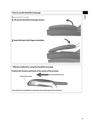 Page 3332
English
 See Caution No. 14 on page 2.
1 Lift up the Hand/Arm massage section.
2 Insert the hand with fi  ngers extended.
Effective method for using the Hand/Arm massage
Position the forearm and hand at the centre of the armrest.
Insert the hand all the way. 
Centre of the armrest
•  Raise the backrest if any diffi    culty is experienced when positioning the hand and forearm.
How to use the Hand/Arm massage 