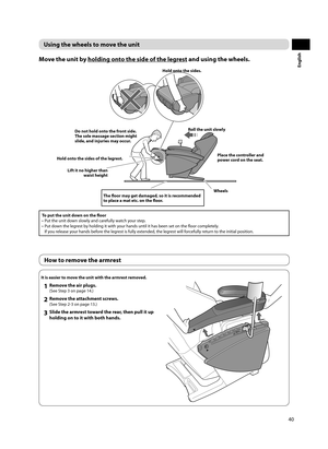 Page 4140
English
Using the wheels to move the unit
Move the unit by holding onto the side of the legrest and using the wheels. 
Roll the unit slowly
Place the controller and 
power cord on the seat.
The fl  oor may get damaged, so it is recommended 
to place a mat etc. on the fl  oor.
Wheels
Lift it no higher than 
waist height Hold onto the sides. 
Hold onto the sides of the legrest.  Do not hold onto the front side. 
The sole massage section might 
slide, and injuries may occur. 
To put the unit down on the...