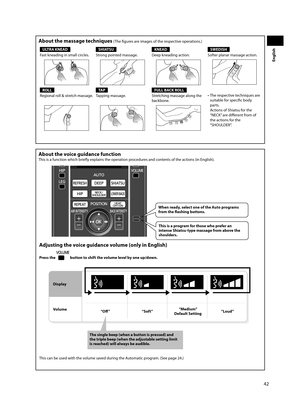 Page 4342
English
About the massage techniques (The fi gures are images of the respective operations.)
ULTRA KNEADSHIATSUKNEADSWEDISH
Fast kneading in small circles. Strong pointed massage. Deep kneading action. Softer planar massage action.
ROLLTA PFULL BACK ROLL •  The respective techniques are suitable for specifi c body 
parts.
Actions of Shiatsu for the 
“NECK” are diff  erent from of 
the actions for the 
“SHOULDER”.
Regional roll & stretch massage. Tapping massage.
Stretching massage along the...