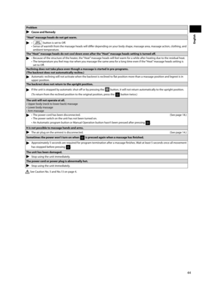 Page 4544
English
Problem
Cause and Remedy
“Heat” massage heads do not get warm.  
•  button is set to Off  .
•  Sense of warmth from the massage heads will diff  er depending on your body shape, massage area, massage action, clothing, and  ambient temperature.
The “Heat” massage heads do not cool down even after the “Heat” massage heads setting is turned off  . 
•  Because of the structure of the heater, the “Heat” massage heads will feel warm for a while after heating due to the residual heat.
•  The...