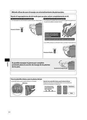 Page 32S31
Español
Para la plantilla shiatsu para la planta del pie
La plantilla shiatsu para la planta del pie es extraíble.
AberturaFijación de la plantilla shiatsu para la planta del pie
Asegúrese de colocar la plantilla shiatsu con la orientación 
correcta al insertarla en la abertura.
Las proyecciones 
se encuentran del 
lado superior.  Dedo del pie
Talón
Método eficaz de usar el masaje con aire/estiramiento de piernas/pies
Ajuste el reposapiernas de tal modo que sus pies calcen completamente en él.
Para...