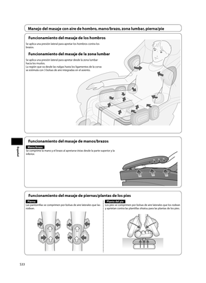 Page 34S33
Español
Manejo del masaje con aire de hombro, mano/brazo, zona lumbar, pierna/pie
Funcionamiento del masaje de los hombros
Se aplica una presión lateral para apretar los hombros contra los 
brazos. 
Funcionamiento del masaje de la zona lumbar
Se aplica una presión lateral para apretar desde la zona lumbar 
hacia los muslos. 
La región que va desde las nalgas hasta los ligamentos de la corva 
se estimula con 3 bolsas de aire integradas en el asiento.
Funcionamiento del masaje de manos/brazos...