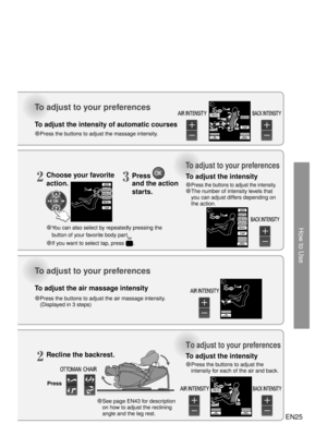Page 24How to Use
EN25
Press
To adjust to your preferences 
To adjust to your preferences 
To adjust to your preferences 
To adjust to your preferences 
To adjust the intensity of automatic courses 
To adjust the air massage intensity 
● Press the buttons to adjust the massage intensity.  
●  Press the buttons to adjust the air massage intensity. 
(Displayed in 3 steps) ● 
You can also select by repeatedly pressing the 
button of your fa vo
rite body part. 
●  If you want to select tap, press 
.
Recline the...
