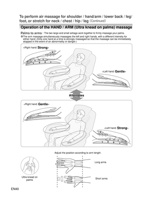 Page 39EN40
To perform air massage for shoulder / hand/arm / lower back / leg/
foot, or stretch for neck / chest / hip / leg
 
（Continued）
Palms to arms： The two large and small airbags work together to firmly massage your palms.
Ultra knead on 
palms Long arms
Adjust the position according to arm length.
Alternates
Short arms
Operation of the HAND / ARM (Ultra knead on palms) massage 
● 
The arm massage simultaneously massages the left and right hands, with a different intensity for 
either hand. (Only one...