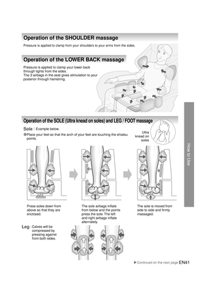 Page 40How to Use
EN41
Ultra 
knead on  soles
Press soles down from 
above so that they are 
enclosed. The sole airbags inflate 
from below and the points 
press the sole. The left 
and right airbags inflate 
alternately. The sole is moved from 
side to side and firmly 
massaged.
Pressure is applied to clamp from your shoulders to your arms from the sides. 
Pressure is applied to clamp your lower back 
through tights from the sides.
The
 
3 airbags in the seat gives stimulation to your 
posterior through...