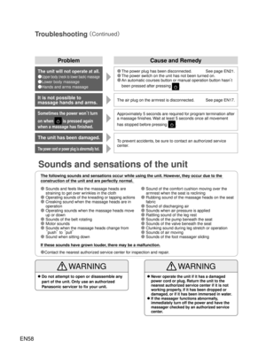 Page 57EN58
The following sounds and sensations occur while using the unit. However, they occur due to the 
construction of the unit and are perfectly normal. 
If these sounds have grown louder, there may be a malfunction.
ÔContact the nearest authorized service center for inspection and repair.
ProblemCause and Remedy
It is not possible to 
massage hands and arms.The air plug on the armrest is disconnected.  See page EN17.
The unit will not operate at all.
●Upper body (neck to lower back) massage
●Lower body...