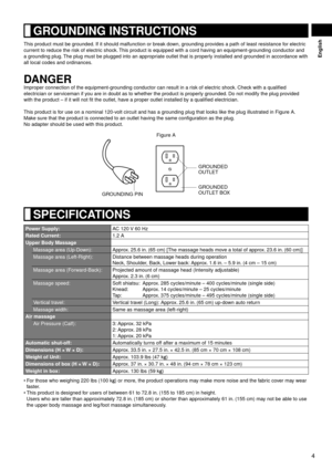 Page 54
English
 GROUNDING INSTRUCTIONS
This product must be grounded. If it should malfunction or break down, grounding provides a path of least resistance for electric 
current to reduce the risk of electric shock. This product is equipped with a cord having an equipment-grounding conductor and 
a grounding plug. The plug must be plugged into an appropriate outlet that is properly installed and grounded in accordance with 
all local codes and ordinances.
DANGER
Improper connection of the equipment-grounding...