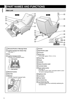 Page 65
English
1 Retracted Position of Massage Heads
2
  Leg/foot massage lock release strap
See page 11.
3
  Seat
4
  Leg/foot massage section
Includes an air massage function.
Calf section
Sole section
5
  Backrest Cushion
6
  Back Pad
7
  Backrest
Includes integrated massage heads.
•
•
• 8
 
Armrest
9
  Specification Label
10 Connector
11 Power Cord
Cord length: approx. 70.8 in. (1.8 m)
12 Power Plug
13 Wheels
14 Controller
15 Safety Precaution Label
16 Controller Holder
17 Power switch section
See page...