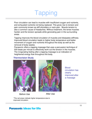 Page 13
13
Tapping
Before UseAfter Use
*The red areas indicate higher temperature due to 
improved circulation.
Poor circulation can lead to muscles with insufficient oxygen and nutrients, 
and exhausted nutrients not being replaced . This gives rise to tension and 
pain commonly known as stiff shoulders or neck pain.  Muscle tension is \
also a common cause of headaches.  Without treatment, the tense muscles 
harden and the tension spreads while ge nerating pain in the surrounding 
areas.
Tapping improves the...
