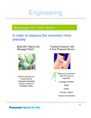 Page 15
15
Engineering
In order to measure the movement more 
precisely:
Massage for Your Back
“Feeling Pressure” with 
6 Axis Pressure Sensor
Measure movement and XYZ axis to  replicate:
massage location
Angle
Depth
Circular rotation
Time of movements
Built-in sensors on 
model record 
massage therapists 
doing a variety of massage styles.
$200,000 “Manny the 
Massage Robot” 