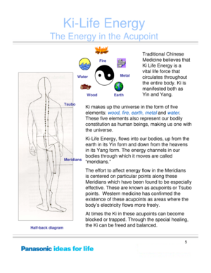 Page 5
5
Ki-Life Energy
The Energy in the Acupoint
Water
WoodFire
Metal
Earth
Ki makes up the universe  in the form of five 
elements:  wood, fire,  earth, metal and water . 
These five elements al so represent our bodily 
constitution as human bein gs, making us one with 
the universe.  
Ki-Life Energy, flows into  our bodies, up from the 
earth in its Yin form  and down from the heavens 
in its Yang form. The  energy channels in our 
bodies through which  it moves are called 
“meridians.”
The effort to...