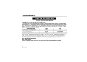 Page 1212VQT5E43 (ENG)Limited Warranty
Panasonic Products Limited Warranty
Limited Warranty Coverage (For USA and Puerto Rico Only) 
If your product does not work properly because of a defect in materials or workmanship, Panasonic Corporation of North 
America (referred to as “the warrantor”) will, for the length of the period indicated on the chart below, which starts with the  
date of original purchase (“warranty period”), at its option either (a) repair your product with new or refurbished parts, (b)...