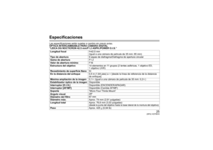 Page 2525
(SPA) VQT5E43
EspecificacionesLas especificaciones están sujetas a cambio sin previo aviso.
ÓPTICA INTERCAMBIABLE PARA CÁMARA DIGITAL
“LEICA DG NOCTICRON 42.5 mm/F1.2 ASPH./POWER O.I.S.”
Longitud focal f=42,5 mm
(Igual a una cámara de película de 35 mm: 85 mm)
Tipo de abertura 9 aspas de diafragma/Diafragma de apertura circular
Gama de abertura F1.2
Valor de abertura mínimo F16
Estructura del objetivo 14 elementos en 11 grupos (2 lentes asféricas, 1 objetivo ED, 
1 objetivo UHR)Revestimiento de...