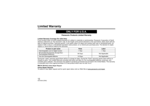 Page 1212SQT0243 (ENG)Limited Warranty
Panasonic Products Limited Warranty
Limited Warranty Coverage (For USA Only) 
If your product does not work properly because of a defect in materials or workmanship, Panasonic Corporation of North 
America (referred to as “the warrantor”) will, for the length of the period indicated on the chart below, which starts with the  
date of original purchase (“warranty period”), at its option either (a) repair your product with new or refurbished parts, (b) 
replace it with a new...