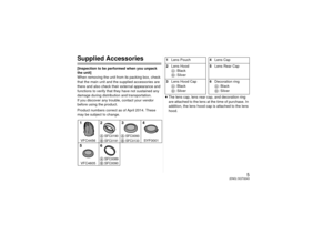 Page 55
(ENG) SQT0243
Supplied Accessories[Inspection to be performed when you unpack 
the unit]
When removing the unit from its packing box, check 
that the main unit and the supplied accessories are 
there and also check their external appearance and 
functions to verify that they have not sustained any 
damage during distribution and transportation.
If you discover any trouble, contact your vendor 
before using the product.
Product numbers correct as of April 2014. These 
may be subject to change.≥
The lens...