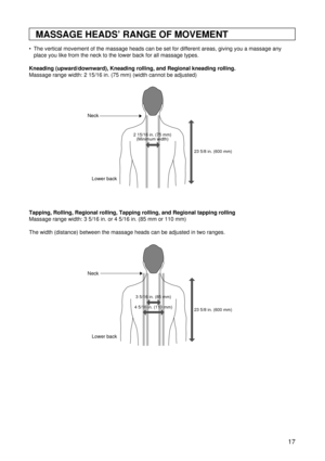 Page 1717
MASSAGE HEADS’ RANGE OF MOVEMENT
 The vertical movement of the massage heads can be set for different areas, giving you a massage any
place you like from the neck to the lower back for all massage types.
Kneading (upward/downward), Kneading rolling, and Regional kneading rolling.
Massage range width: 2 15/16 in. (75 mm) (width cannot be adjusted)
Tapping, Rolling, Regional rolling, Tapping rolling, and Regional tapping rolling
Massage range width: 3 5/16 in. or 4 5/16 in. (85 mm or 110 mm)
The width...