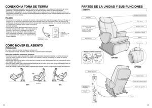 Page 1833 32
on
off
lock openlock switch
EP1060
Interruptor de
alimentación Interruptor de
bloqueoPlantas de los pies Pantorrillas
Masaje de rodillos de 2 formas
EP1061
RespaldoReposabrazos
• Levante el cojín central si el 
masaje no le resulta lo 
suficientemente fuerte.Cojín central con almohada
incorporada
Cremallera trasera del cojín
Cojín lateralMando de controlBolsillo para el mando
Asiento
Reposapiernas
Mando de control
Cubierta trasera
Tirador de la cubierta trasera
Etiqueta de seguridad
Ruedas
CONEXIÓN...