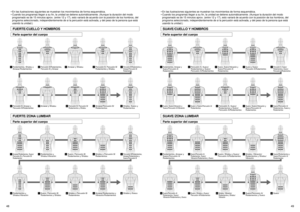 Page 2649 48
•En las ilustraciones siguientes se muestran los movimientos de forma esquemática.
•Cuando los programas llegan a su fin, la unidad se detiene automáticamente. (Aunque la duración del modo
programado es de 15 minutos aprox. (entre 12 y 17), esto variará de acuerdo con la posición de los hombros, del
programa seleccionado, independientemente de si la percusión está activada, y del peso de la persona que está
usando la unidad.)FUERTE /CUELLO Y HOMBROSFUERTE / ZONA LUMBARParte superior del...