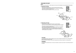 Page 1313 12
1. Reclining The Seat
•Hold down the Reclining Button to recline the seat and raise the legrest.
•When both the backrest and legrest have been extended as far as possible
you will hear a “peep, peep, peep” sound.
•When first using the unit, please do not fully recline the seat.
2. Retracting The Seat
•Check that there is nothing behind the seat or under the legrest.
•Hold down the Reclining Button to retract the backrest and lower the legrest.
•When both the backrest and legrest have been retracted...