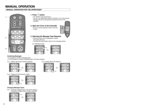 Page 1617 16
MANUAL OPERATION
neck roller position
reclining
programmed
operation
/manual 
operation
intensityroll manual operation
whole back
regional tap A vibration tap Bswedish shiatsu knead
position
1
3
4
1. Press button
•The ON/OFF lamp will come on.
•You can now select either Strong or Gentle or one of the manual
settings that can be accessed by opening the cover of the
controller.
2. Open the Cover of the Controller
•All of the manual operation buttons will start 
to flash.
3. Selecting the Massage Type...
