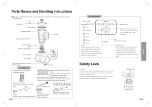 Page 5EN8EN9
English
Motor housingContainer gasket
Blender container base
1PXFSDPSE1PXFSTXJUDI
(Located in back)
BladeCover
Parts Names and Handling Instructions¾ 
8BTIBMMUIFEFUBDIBCMFQBSUTCFGPSFVTJOHUIFBQQMJBODFGPSUIFGJSTUUJNFPSXIFOZPVIBWFOPUVTFEJUGPSB
XIJMF	1&/

CAUTION:
A safety interlock system was designed to prevent the motor from 
turning on without the container, or the container is not properly 
engaged or is tilted during use.
Do not defeat with the safety pins in any...