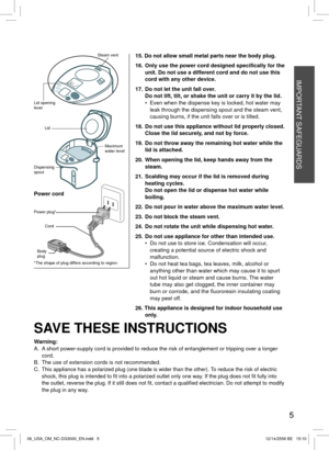 Page 55
15. Do not allow small metal parts near the body plug.
16.  Only use the power cord designed speciﬁ cally for the 
unit. Do not use a different cord and do not use this 
cord with any other device.
17.  Do not let the unit fall over.
  Do not lift, tilt, or shake the unit or carry it by the lid.
  •  Even when the dispense key is locked, hot water may 
leak through the dispensing spout and the steam vent, 
causing burns, if the unit falls over or is tilted.
18.  Do not use this appliance without lid...