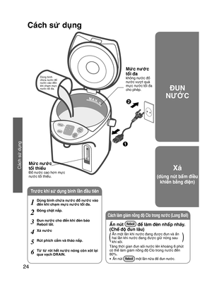 Page 2424
Cách làm giảm nồng độ Clo trong nước (Long Boil)
Cách sử dụng
ĐUN 
NƯỚC
Xả
(dùng nút bấm điều 
khiển bằng điện)
Ấn nút  để làm đèn nhấp nháy. 
(Chế độ đun lâu)
Ấn một lần khi nước đang được đun và ấn 
hai lần khi nước đang được giữ nóng sau 
khi sôi.
Tăng thời gian đun sôi nước lên khoảng 6 phút 
có thể làm giảm nồng độ Clo trong nước đến 
80%.
● Ấn nút  một lần nữa để đun nước.
Mức nước 
tối thiểu
Đổ nước cao hơn mực 
nước tối thiểu.
Mức nước 
tối đa
không nước đổ 
nước vượt quá 
mực nước tối đa 
cho...